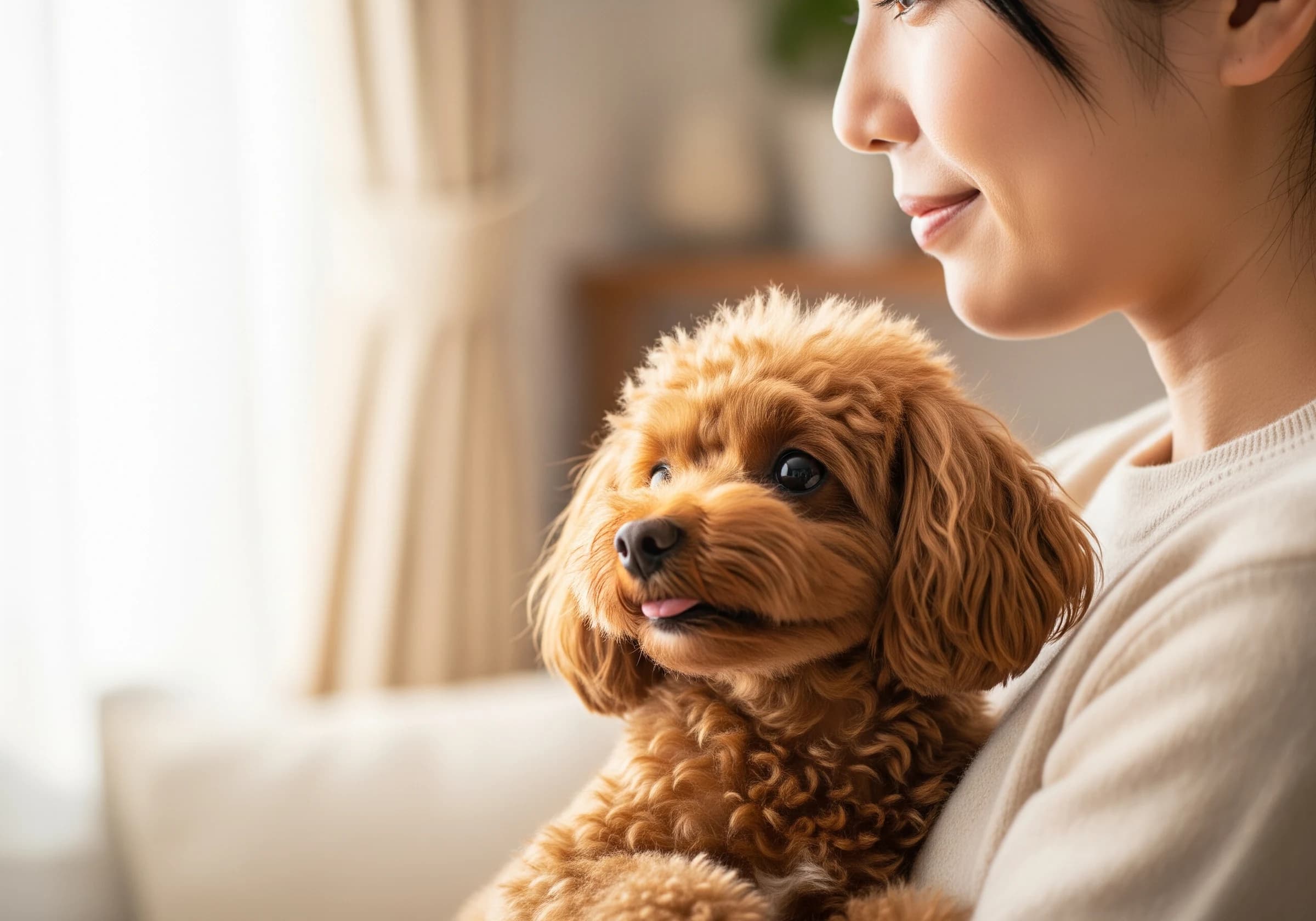 飼い主に優しく抱かれるトイプードル