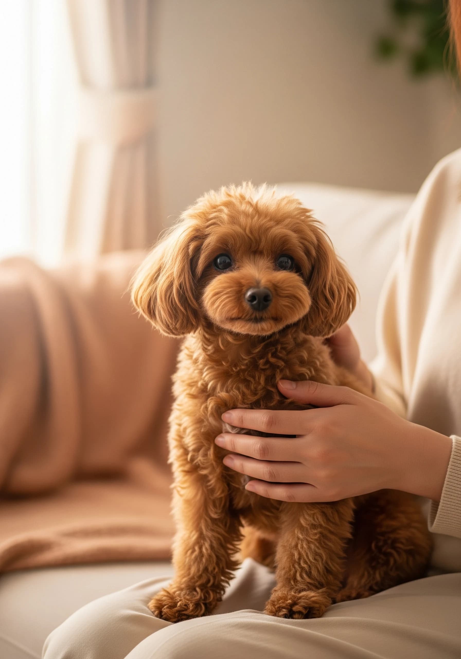 飼い主に優しく抱かれるトイプードル