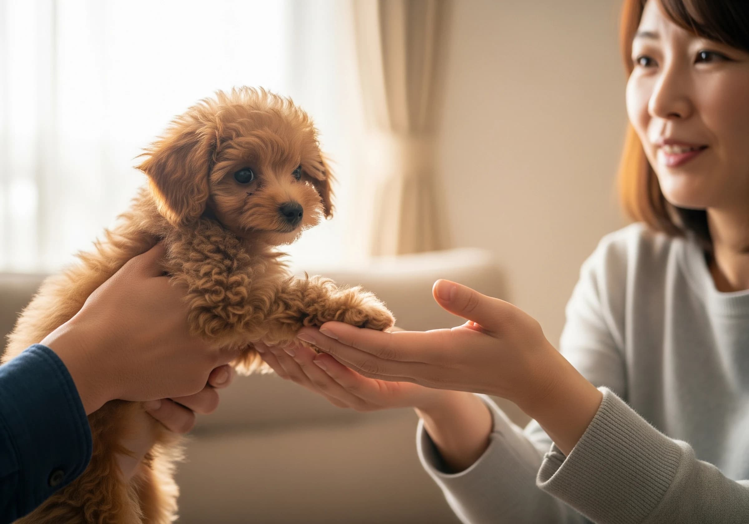 新しい家族にトイプードルを引き渡す様子
